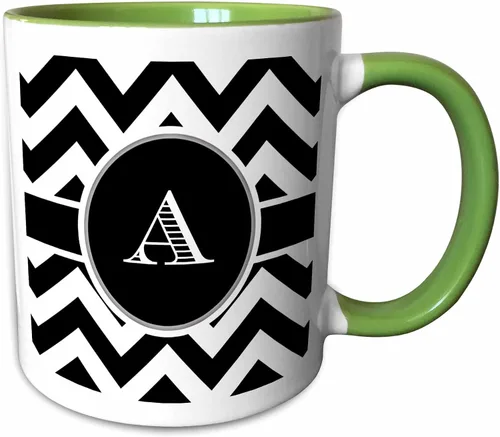 Miniatura 12 de 3dRose Taza azul de dos tonos con monograma de cheurón en blanco y negro con inicial A de 11 oz