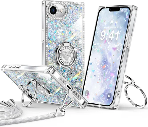 Miniatura 54 de XYZ Funda para iPhone 13, con purpurina brillante con soporte de corazón de 2 anillos y cordón, funda protectora a prueba de golpes con diamantes