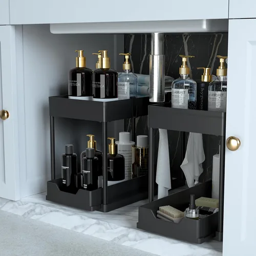 Organizador para debajo del fregadero, paquete de 2, organizador de baño extraíble, organizador de baño y cocina deslizable de 2 niveles y
