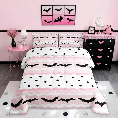 Miniatura 37 de Lindo juego de edredón de murciélago tamaño Queen con diseño de animales de Feliz Halloween, 3 piezas para decoración de habitación de niños