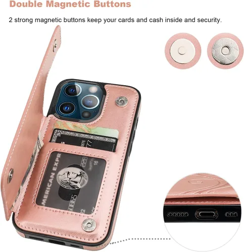 Miniatura 7 de Vaburs Funda compatible con iPhone 13 Pro con tarjetero y diseño de mariposa en relieve, de piel sintética, doble botón, a prueba de golpes