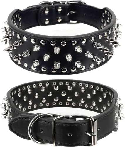 Miniatura 2 de PU - Collar para perro de piel sintética ajustable de 2.0 in, tachonado con clavos, Negro