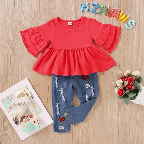 Miniatura 3 de NZRVAWS Baby Girl Clothes Toddler Girl Outfits Infant Ruffle Shirt Denim Ripped Jeans Cute Clothing Set