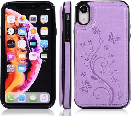 Miniatura 4 de Asuwish Funda para iPhone XR con protector de pantalla de vidrio templado, funda de cuero con soporte para tarjetas, doble cierre magnético y funda