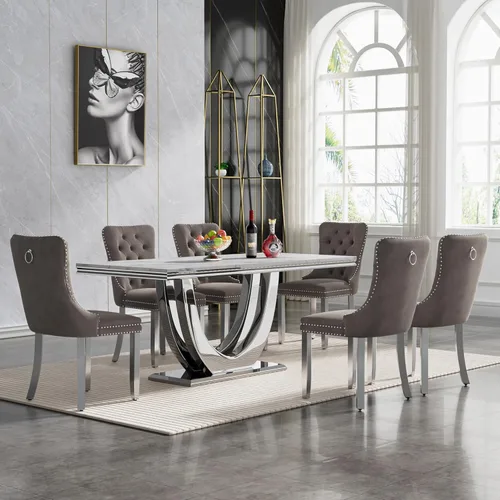 Miniatura 93 de Juego de mesa de comedor de mármol sintético, 7 piezas, juego de mesa de cocina y comedor para 6, mesa de comedor rectangular blanca de 70 pulgadas