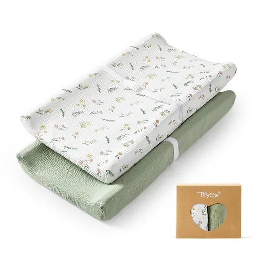 Miniatura 13 de TILLYOU Funda de muselina para cambiador de pañales para bebés, niñas y niños, de algodón suave y transpirable, 2 unidades (flor amarilla)