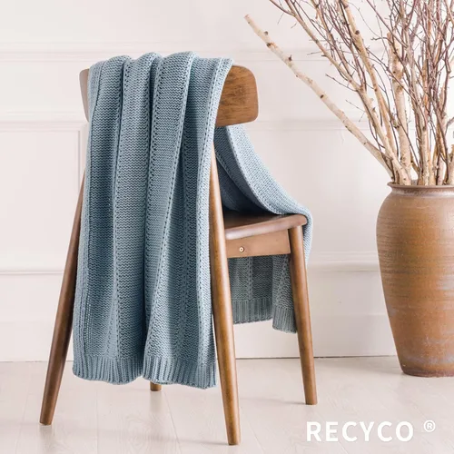 Miniatura 6 de RECYCO Manta de punto trenzado azul para sofá, súper suave, cálida y acogedora, manta de punto decorativa de 2.3 libras para cama, sofá, silla, 50 x