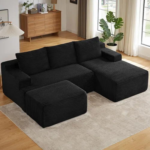 Miniatura 26 de Sofá modular Cloud de 95 pulgadas con otomana, moderno sofá nube en forma de U con asiento profundo, cómodo sofá de pana de 3 plazas, sofá de espuma