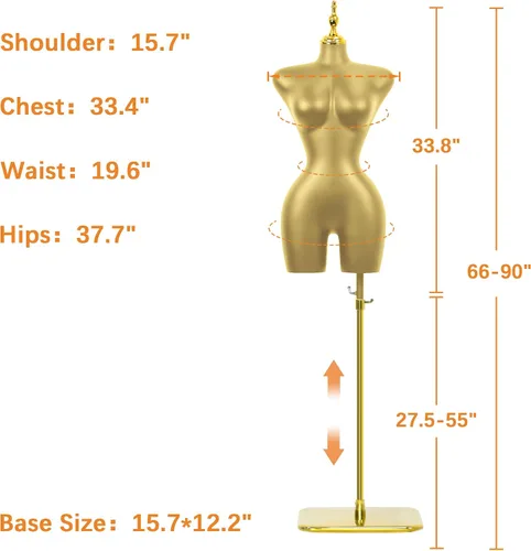Miniatura 6 de Torso de maniquí femenino con altura ajustable y base de metal para exhibición de ropa en tienda minorista (Negro, L)