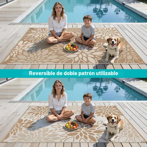 Miniatura 4 de HEBE Alfombra impermeable para exteriores de 5 x 8 pies para patios, alfombra de paja de plástico reversible floral, alfombra de patio, alfombra