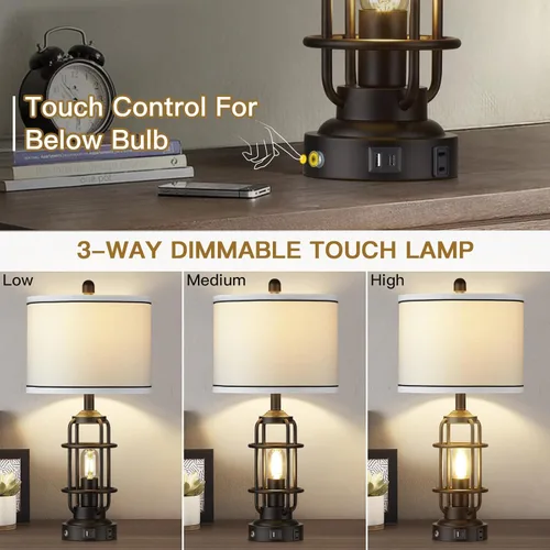 Miniatura 5 de Modern Table Lamps Set of 2, Industrial 3-Way Dimmable Bedside Lamp with USB A+C Ports & AC Outlet, 25" Touch Control Nightstand Lamp LED Night