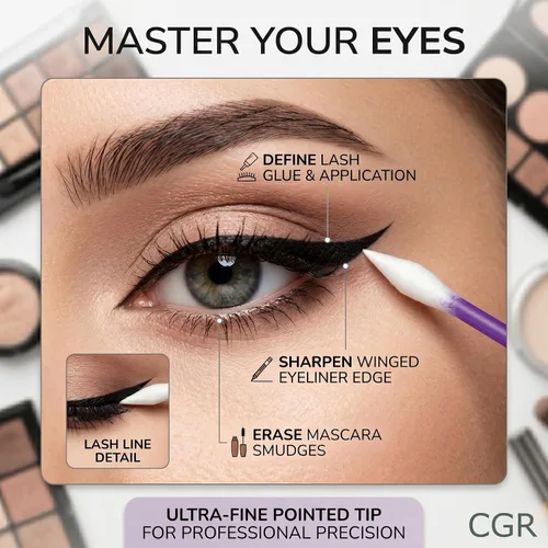 Miniatura 4 de 760 hisopos de algodón CGR Precision empacados en recipiente acrílico para hisopos con punta puntiaguda y aplanada, aplicador de maquillaje