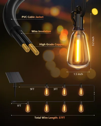 Miniatura 6 de Brightown Guirnalda de luces solares de 37 pies para exteriores, impermeable, con control remoto, 10+1 bombillas LED inastillables, regulables