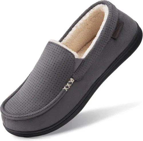 HomeTop Pantuflas tipo mocasín de espuma viscoelástica para hombre, cómodas para interiores y exteriores, de gamuza para dormitorio con forro de