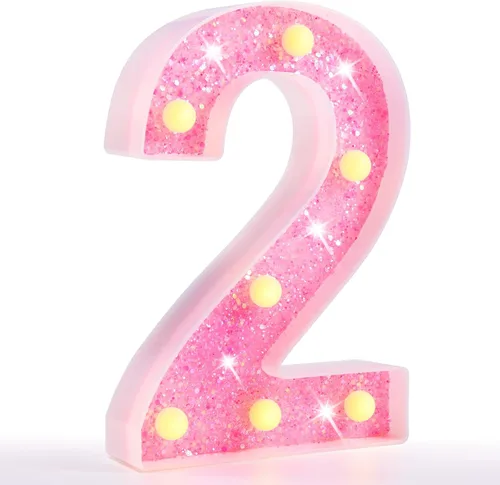 Miniatura 59 de Pooqla Luces de números de marquesina, números de luz rosa para niñas de 10.º cumpleaños, funciona con pilas, luz nocturna de número con purpurina
