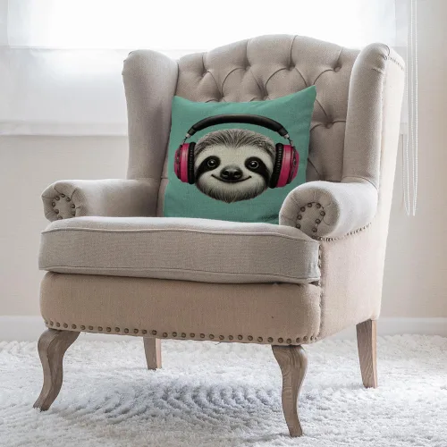 Miniatura 4 de Moslion Funda de almohada decorativa de perezoso con auriculares, funda de almohada cuadrada de lino y algodón de 18 x 18 pulgadas para sofá cama