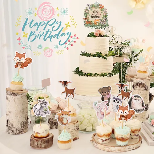Miniatura 5 de 49 piezas de decoración de cupcakes de bosque neutro de animales del bosque para decoración de baby shower, hojas florales, suministros de fiesta
