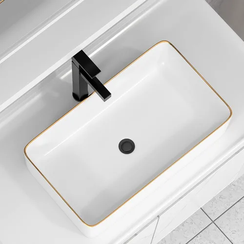 Miniatura 11 de Fregadero de recipiente blanco redondo - Fulorni 33x33 cm Lavabo de baño de cerámica de porcelana con borde dorado sobre encimera, fregadero