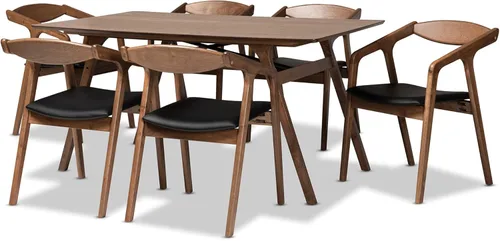 Miniatura 12 de Baxton Studio Harland - Juego de comedor de 7 piezas, tapizado de piel sintética gris y acabado marrón nogal, juego de comedor de 7 piezas