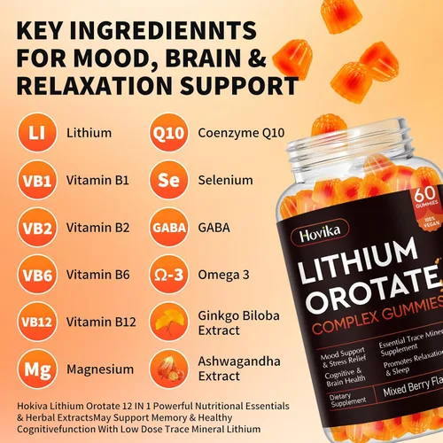 Miniatura 7 de Orotate de litio 5mg 10mg Gummies Suplementos de litio con vitamina B, magnesio y selenio para apoyo del estado de ánimo, alivio del estrés, salud