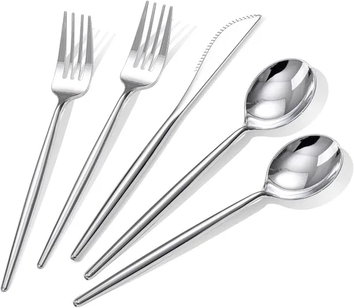 Miniatura 9 de Rubtlamp 90 cubiertos negros de plástico, cubiertos desechables de graduación, utensilios resistentes incluyen 30 cuchillos desechables, 60