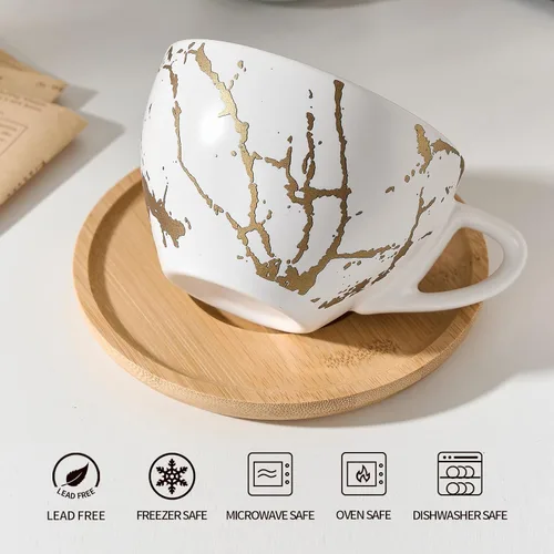 Miniatura 4 de LUKA Juego de 4 tazas de café expreso Demitasse de cerámica con platillos y soporte de metal, tazas de capuchino apilables de porcelana de 8 onzas