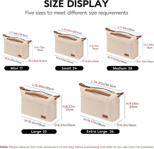Miniatura 2 de Organizador de bolso con cremallera (32, beige) Organizador grande de bolsas de mano, múltiples bolsillos en posición de taza y paraguas, divisores