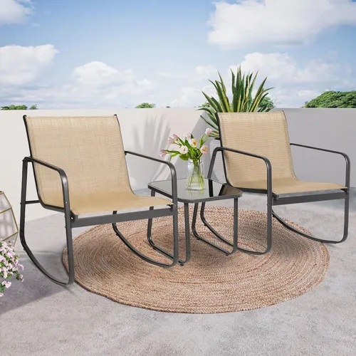 Miniatura 8 de Mecedoras para exteriores de 3 piezas, juego de muebles de bistró para patio, 2 sillas mecedoras de acero negro con cojín y mesa de centro de Marrón