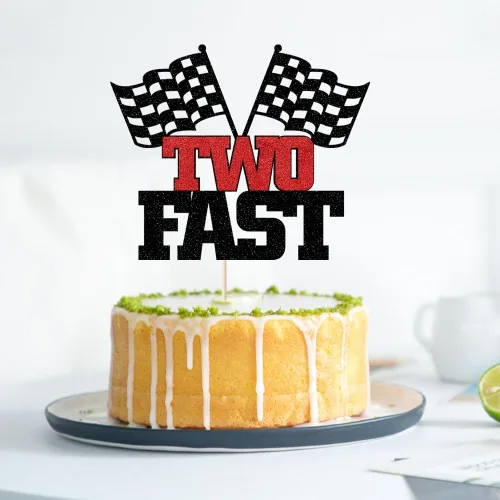 Miniatura 7 de Decoración para pastel de dos velocidades: decoración de pastel con purpurina para fiesta de 2º cumpleaños, bandera a cuadros de coche de carreras