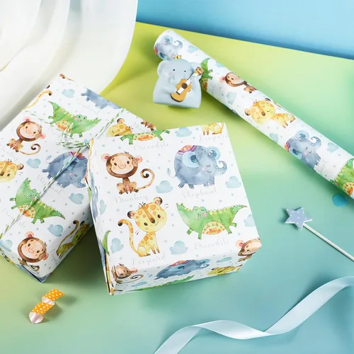 Miniatura 5 de WRAPAHOLIC Rollo de papel de regalo Kraft Animal - Mini Rollo - 17 pulgadas x 16.5 pies - Diseño de mono, elefante y dinosaurio lindos, perfecto