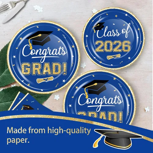 Miniatura 2 de Juego de vajilla de suministros para fiesta de graduación 2026, 100 platos y servilletas de graduación de oro azul para clase de 2026, vajilla