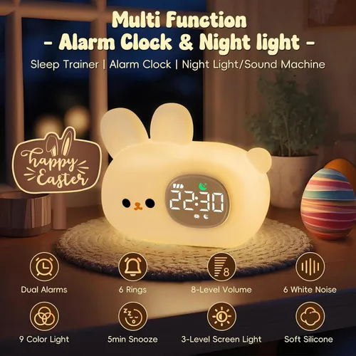 Miniatura 2 de Reloj despertador de conejo con luz nocturna para niños con entrenamiento del sueño y máquina de sonido, lámpara de silicona recargable