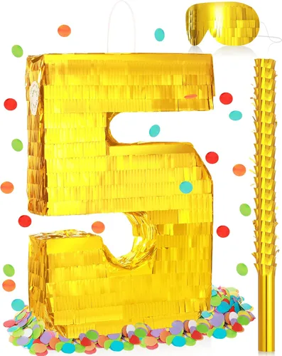 Miniatura 8 de Sratte Piñata - Decoraciones de fiesta de cumpleaños, piñata de lámina dorada con palo, confeti para niños y niñas, cumpleaños, aniversario