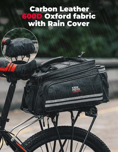 Miniatura 5 de KEMIMOTO Bolsa de 20L para Bicicleta con Portaequipajes Trasero con Funda Impermeable, Bolsa de Maletero de Bicicleta de Cuero de Carbono Alforja