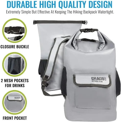 Miniatura 6 de Mochila impermeable Chaos Ready, bolsa seca, resistente, correas acolchadas para el hombro, bolsillos laterales de malla, fácil acceso al bolsillo