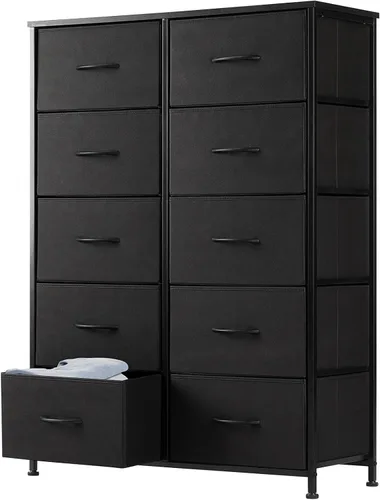 Miniatura 11 de DUMOS Cómoda para dormitorio, organizador de almacenamiento con 9 cajones, cómoda con cubos de tela, marco de metal resistente, mesa de madera