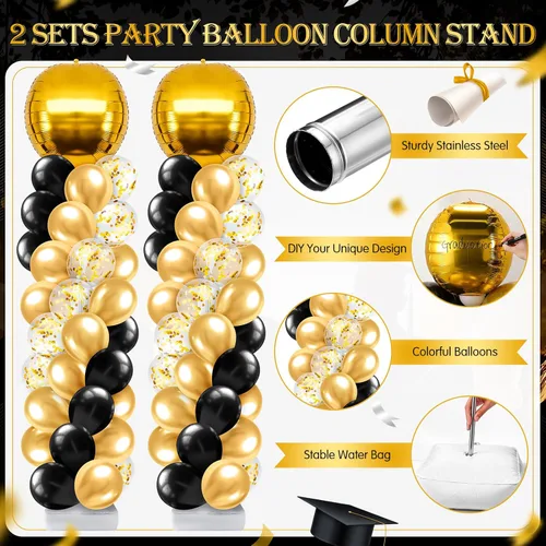 Miniatura 4 de Juego de 2 soportes de columna de globos de graduación dorados y negros para la clase de 2026, torre de arco de globos de suelo ajustable con globos