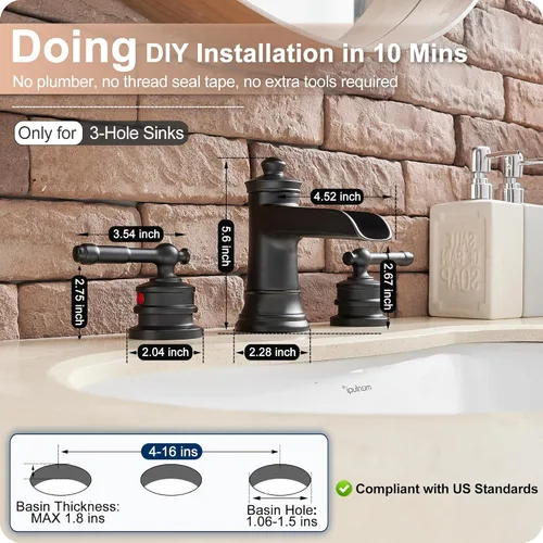 Miniatura 6 de Grifo de baño en cascada negro de amplio alcance, grifos de baño de latón para lavabo de 3 orificios, grifo de baño de 4-16 pulgadas, grifo de Negro