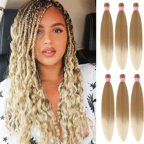 Miniatura 20 de Cabello para trenzar preestirado plateado, 20 pulgadas, 6 paquetes de extensiones de cabello trenzado Ombre preestiradas para mujeres, fibra