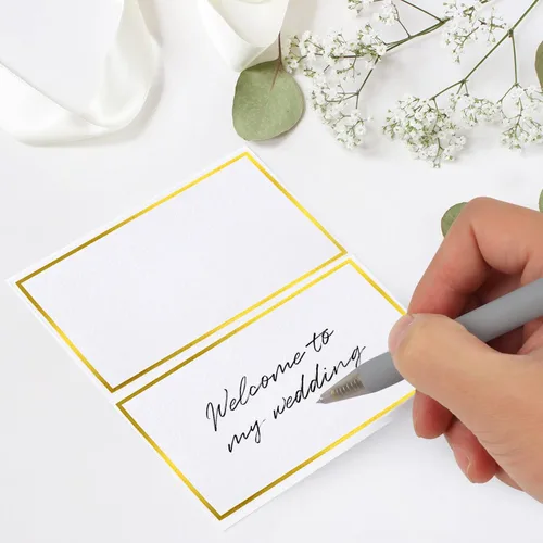Miniatura 6 de 120 piezas de tarjetas de lugar, tarjeta de asiento de 2x3.5 pulgadas en blanco rellenable para banquete con marco de lámina dorada para mesa