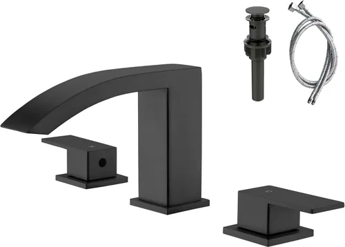 Grifo de baño de cascada negra de 3 agujeros, grifo de baño negro mate de 8 pulgadas con drenaje desplegable y 2 líneas de suministro de agua, grifo