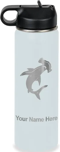 Miniatura 40 de LaserGram Botella de agua personalizada, tiburón martillo, acero inoxidable de doble pared aislada al vacío con popote superior, regalo grabado
