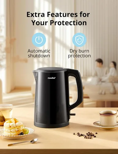 Miniatura 6 de Hervidor eléctrico y tetera de COMFEE', 1.5L de doble pared, interior de acero inoxidable, tapa y pico, hervido rápido, apagado automático y Negro
