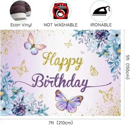Miniatura 3 de Telón de fondo de mariposa de 7 x 5 pies, diseño de mariposas moradas, besos y deseos de cumpleaños, mariposas azules, flores doradas, fondo