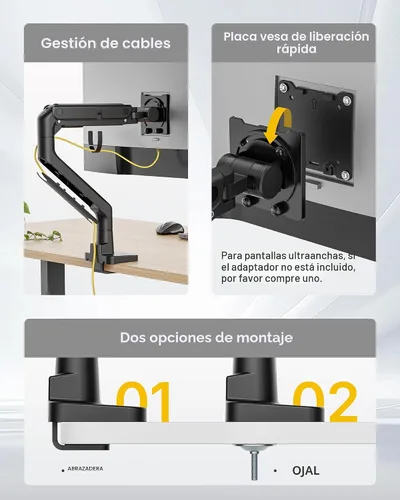 Miniatura 7 de monTEK Brazo de monitor de alta resistencia para pantalla curvada ultraancha de 17-57", soporta hasta 59.4 libras, brazo de resorte de gas