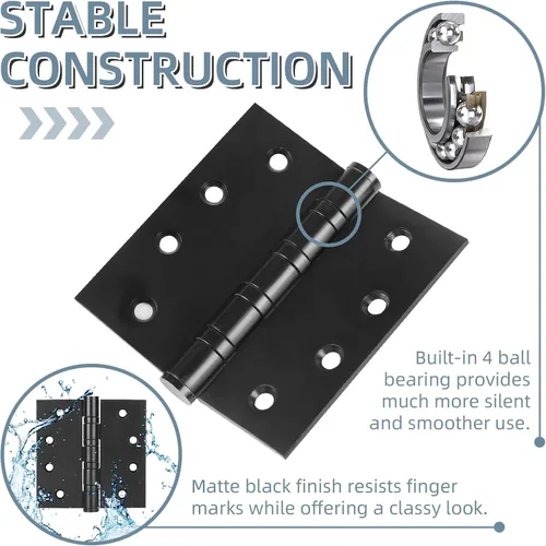 Miniatura 4 de Paquete de 6 bisagras de puerta de acero inoxidable de 4 pulgadas, bisagras de puerta resistentes de 4 x 4 pulgadas con esquinas cuadradas para Negro
