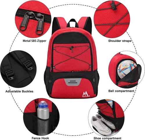 Miniatura 5 de Hsmihair - Bolsa de fútbol - Mochila de fútbol y mochila para fútbol, voleibol y baloncesto, con compartimento para pelota y tacos separados Rojo