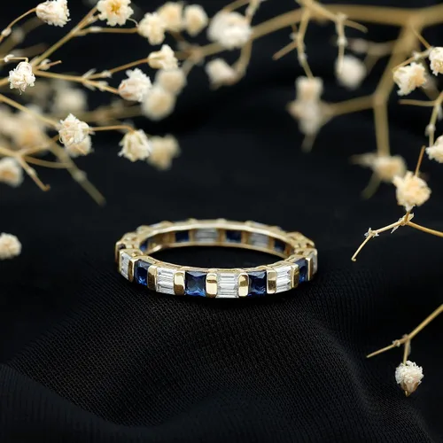 Miniatura 12 de Certified Lab Grown Blue Sapphire Eternity Band, AAAA Quality, Sapphire Moissanite Anniversary Ring - Ready To Gift