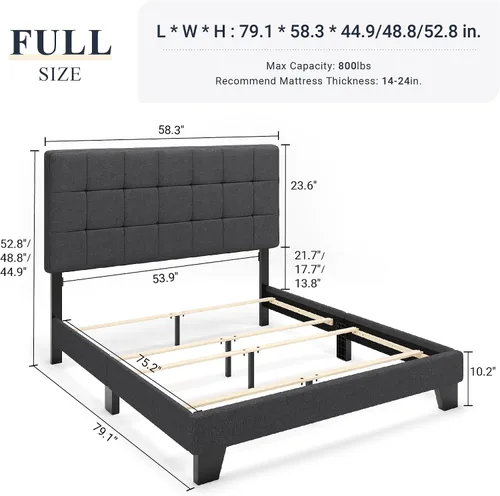 Miniatura 2 de Allewie - Base de cama de tamaño matrimonial con paneles, cabecera ajustable para perfil alto/tapizada en tela/cabecera acolchada cosida