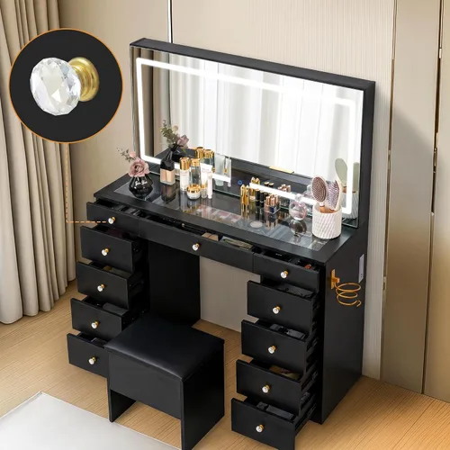 Miniatura 6 de Escritorio de tocador con 11 cajones con parte superior de cristal con silla, manijas de cristal con espejo y luces, tocador con toma de corriente